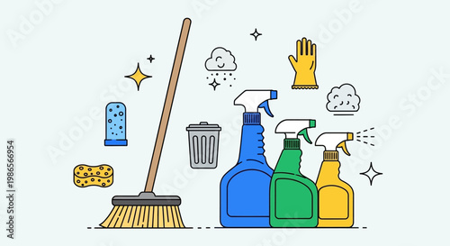 Essential Cleaning Elements: A vibrant illustration showcasing the essential elements of cleaning. Spray bottles, brooms, sponges, gloves, and other items are artfully arranged.
