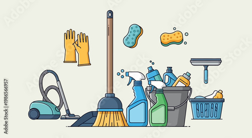Cleaning Essentials: A vibrant collection of cleaning tools and supplies, meticulously arranged, representing the core elements of a sparkling environment.