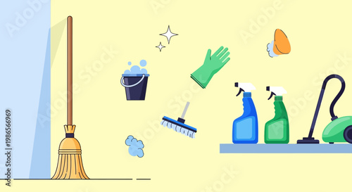 Cleaning Supplies: An assortment of essential cleaning supplies including a broom, spray bottles, bucket, sponge, brush, glove, iron and vacuum cleaner. All ready to give the home a fresh, neat look.