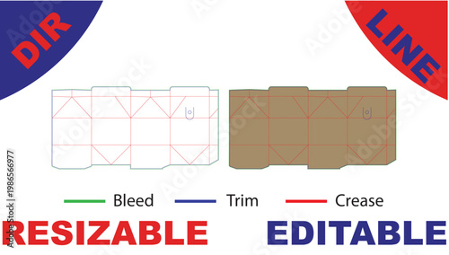Colorful paper box template with bleed, trim, and crease guides