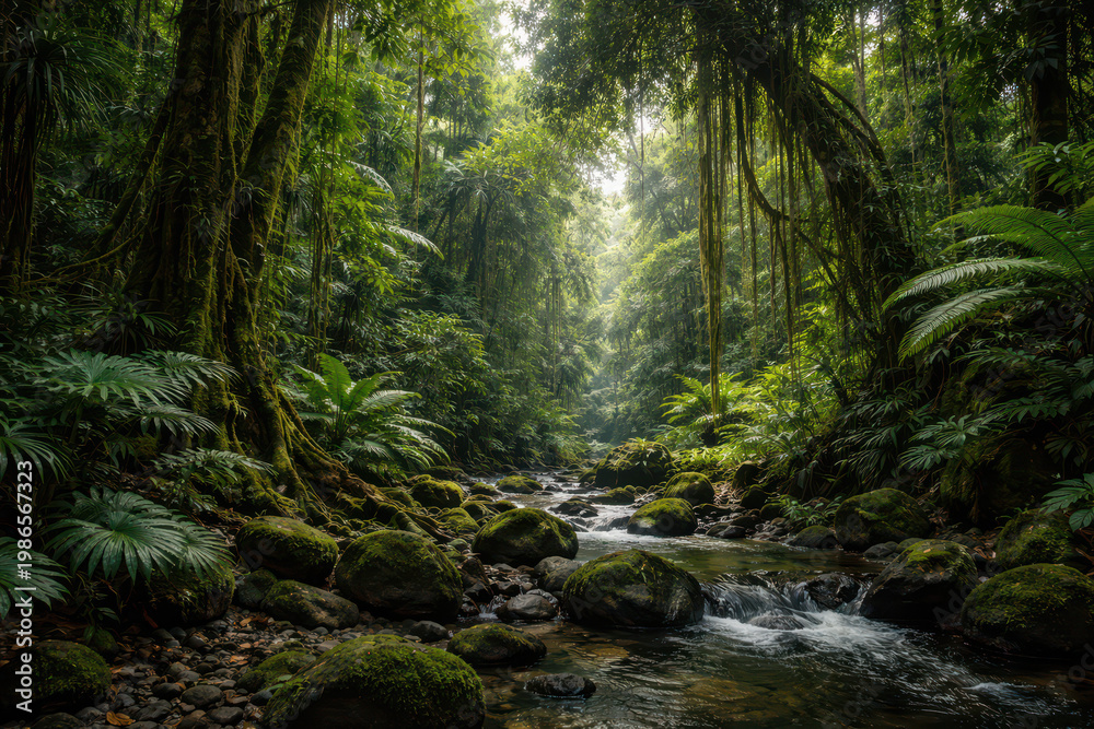 Fototapeta premium Lush rainforest with a stream and dense greenery.