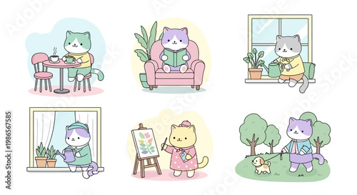 Cozy Cat Lifestyle Illustrations: An adorable set of illustrations portrays various heartwarming scenes of cats enjoying leisurely activities, such as reading, painting, gardening, and taking a walk.