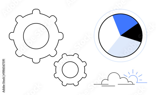 Business strategy, data analysis, performance tracking, optimization tools, goal achievement, process improvement. Gears, pie chart and sunrise. Business strategy and data analysis concept