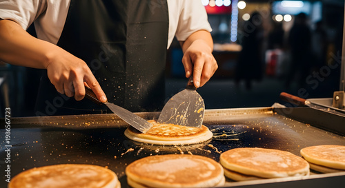 Street Food vendor pressing dough on a hot plate using metal spatulas