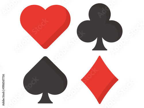 Playing Card Suits Icon Set: Flat Vector Illustration of Heart, Spade, Club, and Diamond Symbols Isolated on White