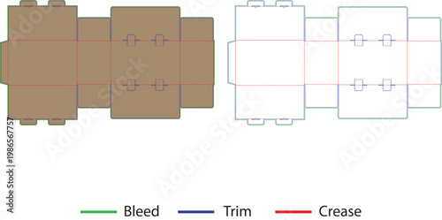 Diagram showing paper cutting and folding process with bleed, trim, and crease lines