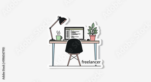 Freelancer desk setup with laptop, lamp, coffee, and plant - illustration