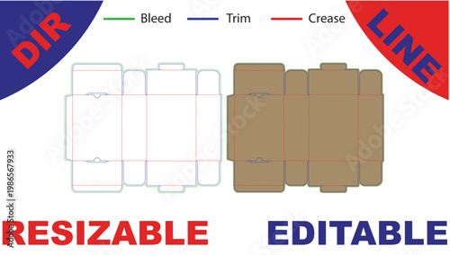 Flat box template with bleed, trim, and crease lines in orange