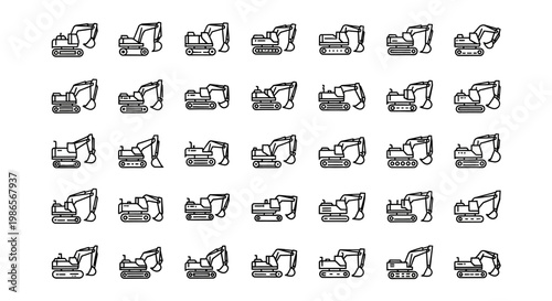 Excavator Icons Set, Construction Equipment Vector Graphics, Heavy Machinery Line Art Collection