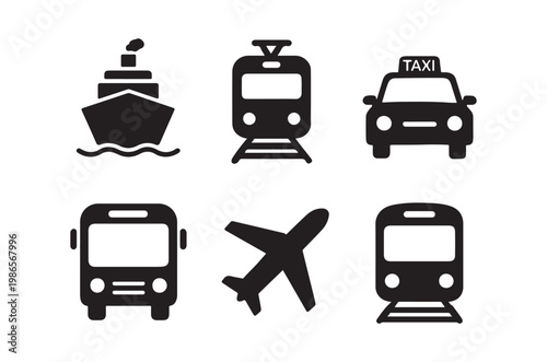 Black silhouettes of various modes of transportation including ships and planes