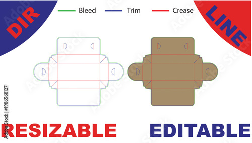 Flat envelope template with bleed, trim, and crease lines, front and back view