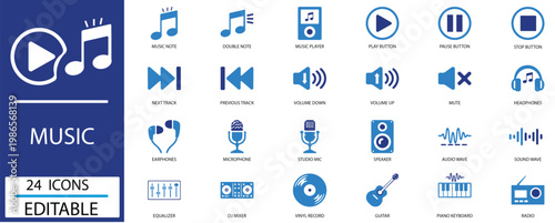 Music Audio Entertainment Sound Waveform Studio Vector Icon Set featuring Player, Radio, Speaker, Microphone, Equalizer, Note, Rhythm, Playlist, Instrument, Record symbols.