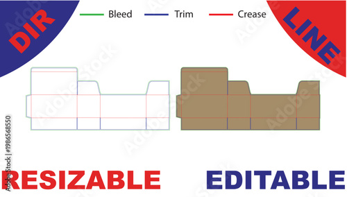 Flat lay of folded paper box template with bleed, trim, and crease lines