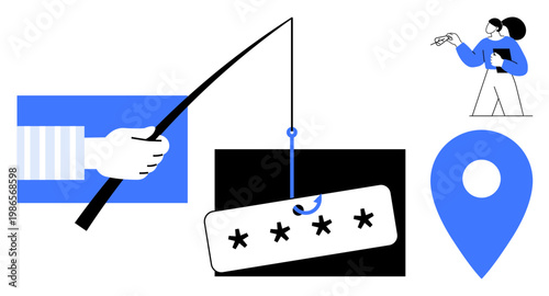 Online security, phishing risks, cyber threats, password protection, geolocation data safety, digital protection. A hand holding a fishing rod with a password target. Cybersecurity and phishing risks
