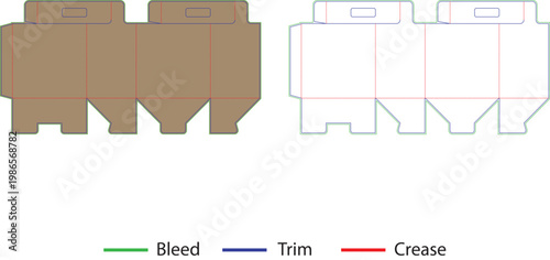 Folded paper box templates with bleed, trim, and crease lines