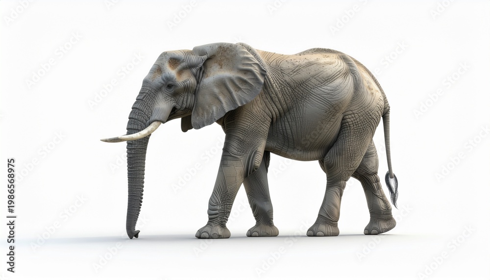 Fototapeta premium Majestic African elephant walks gracefully across a pristine white background, showcasing its powerful presence and iconic tusks in a detailed, realistic depiction