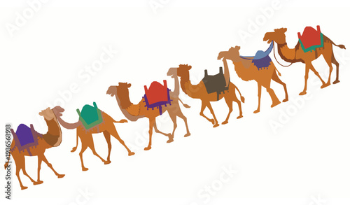Camel caravan cartoon vector illustration with decorative dromedary animals for travel poster and tourism concept