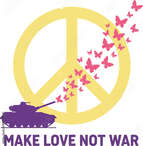 Make Love Not War concept with purple tank transforming into pink butterflies and peace sign