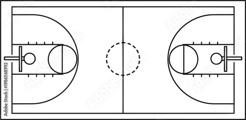 Top view schematic illustration of a professional basketball court layout with standard markings and hoops
