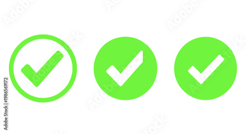 Set of Universal Green Checkmark Icons Symbolizing Successful Actions, Confirmed Choices, and Positive Feedback in Digital Interfaces