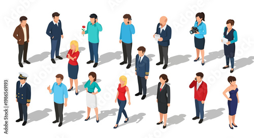 A diverse group of people in casual and professional attire standing and looking in various directions, depicted in an isometric 3D illustration