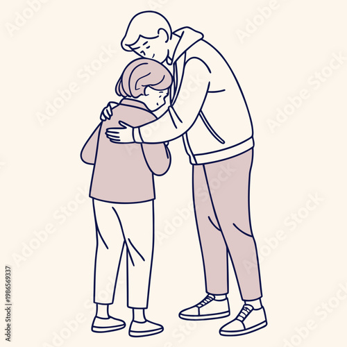 Young man comforting crying child with kindness.