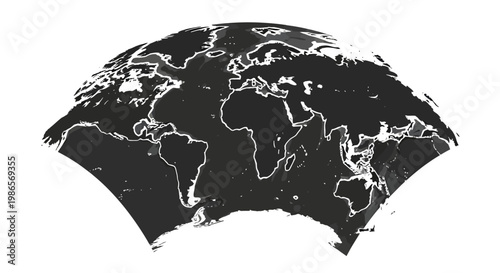 Abstract global map projection showcasing Earth's landmasses and oceans in a high-contrast monochromatic visual style, representing interconnectedness and geographical data