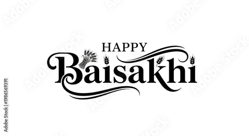 Happy Baisakhi Text with Decorative Elements and Flourishes - A Celebration of Harvest and Spring