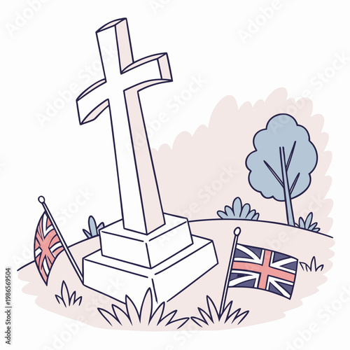 Christian cross grave marker with british flags.