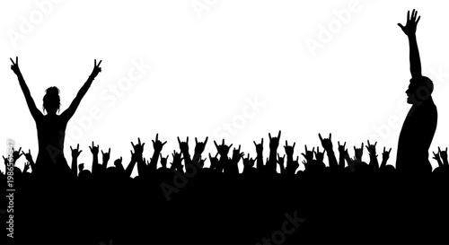 Silhouette crowd cheering with hands in the air at a concert or festival event