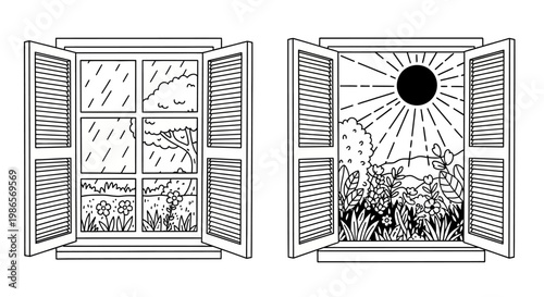Open Windows Depicting Stark Contrasts From a Gloomy, Rainy Storm to a Bright, Sunny Day with Flourishing Nature, Symbolizing Shifting Moods and Seasonal Transformations