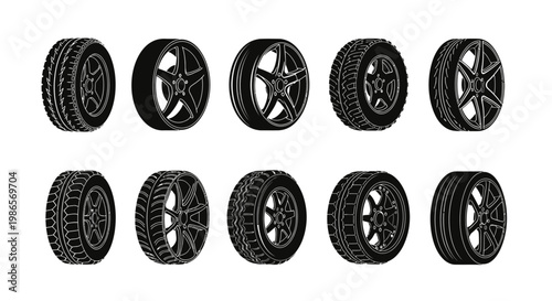Collection of Various Car Tire and Wheel Designs for Automotive Applications and Transportation Services