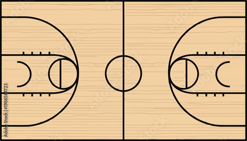Top view of professional basketball court floor design with markings and wooden texture background illustration