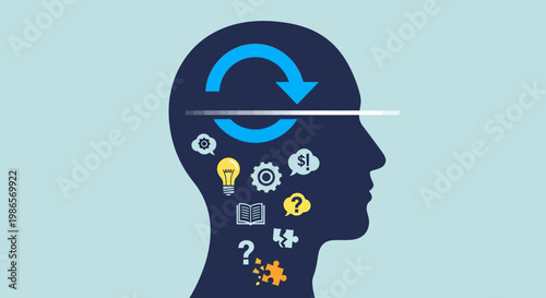Conceptualizing ideas and problem-solving in the human mind with creative symbols and a circular arrow representing continuity and learning