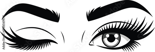 Beautiful female eyes with long eyelashes and shaped eyebrows winking isolated on white background illustration