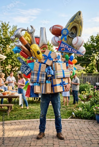 Father carrying massive pile of gifts and balloons at backyard party for humorous celebration of Dads Day promotions with colorful sports and tool props