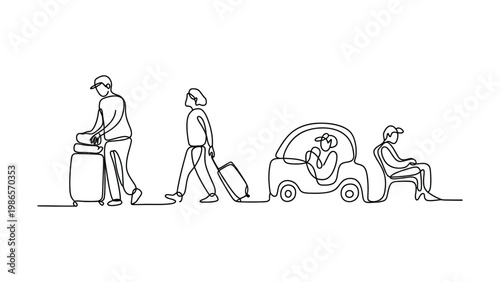 Continuous line drawing depicts a journey sequence with people and luggage ready for travel or transportation symbolizing movement and departure line art