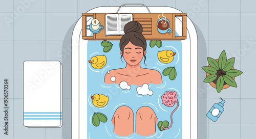 Relaxing bath with book, coffee, and rubber ducks, promoting self-care and tranquility