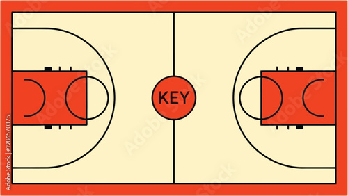 Top view diagram of a basketball court floor layout with marked key zones and lines