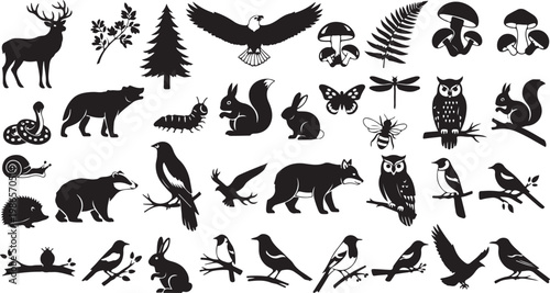 Black silhouettes of forest animals and trees collection