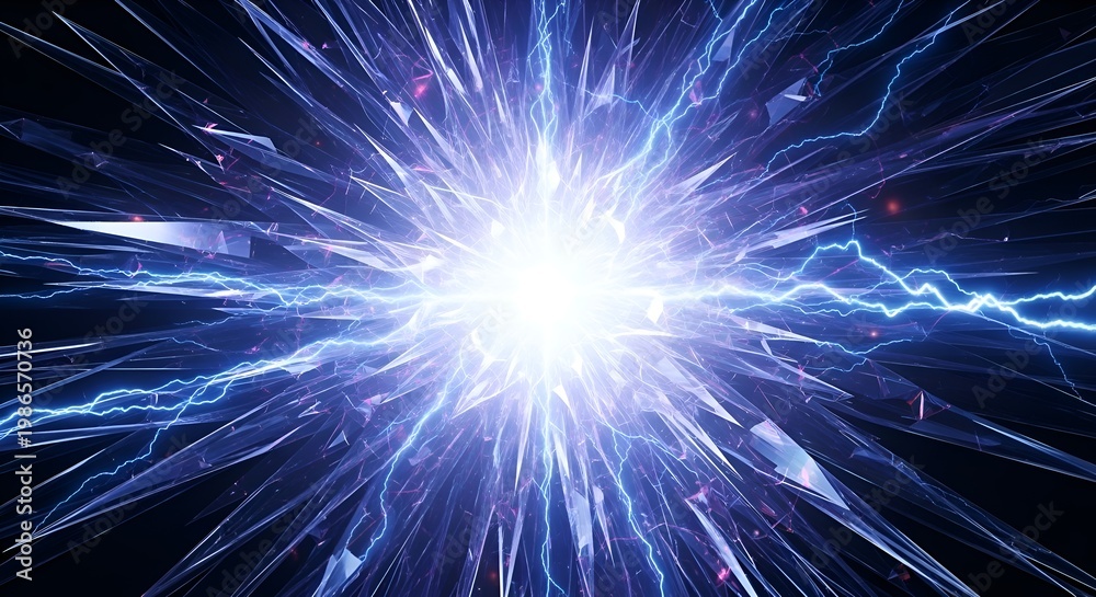 Fototapeta premium Abstract Exploding Energy Burst with Blue Lightning and Shattered Glass Effect