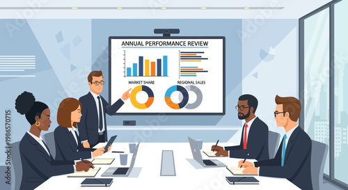 Business Presentation: A professional, delivering a compelling presentation to a diverse team, displaying data on a large screen, fostering collaboration and growth. 