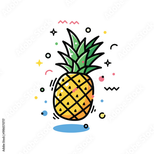 A colorful illustration of a pineapple surrounded by playful shapes