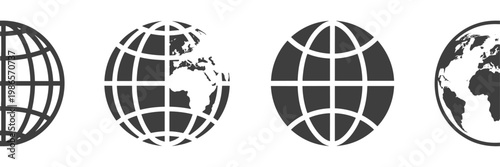 Four distinct dark gray globe featuring wireframe grids partial continental maps and latitude longitude lines isolated on a white background