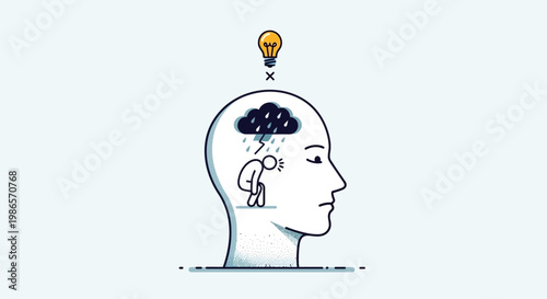 Brainstorming idea generation with a lightbulb above a stressed person's head depicting negative thoughts and mental exhaustion