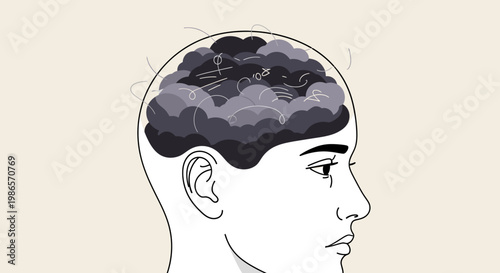 Abstract representation of a human brain filled with chaotic clouds and thoughts, symbolizing mental overload and stress