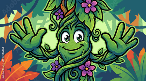 Cheerful Cartoon Green Plant Character With Outstretched Leaves.