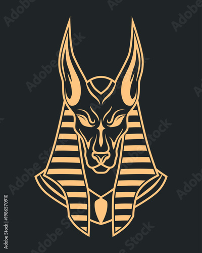 Golden Anubis head, ancient Egyptian style. Elegant lines form a regal canine visage. Dark background enhances symbolic richness. Stylized design suits mystical or historical themes