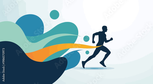 Embracing the Finish Line: A silhouette of a determined runner sprints towards the finish line, set against a dynamic backdrop of fluid shapes and vibrant colors.