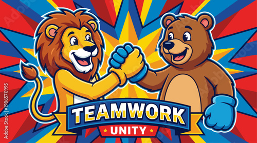 Teamwork Unity Between Lion And Bear Illustration.